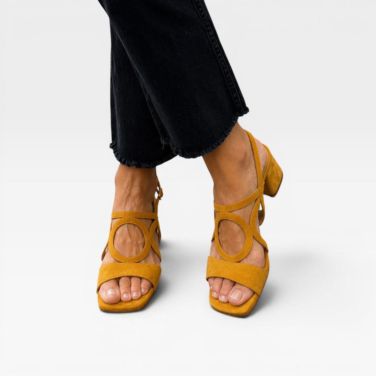 Suede Block Heel Sandals, Circle Cutout Ankle Strap