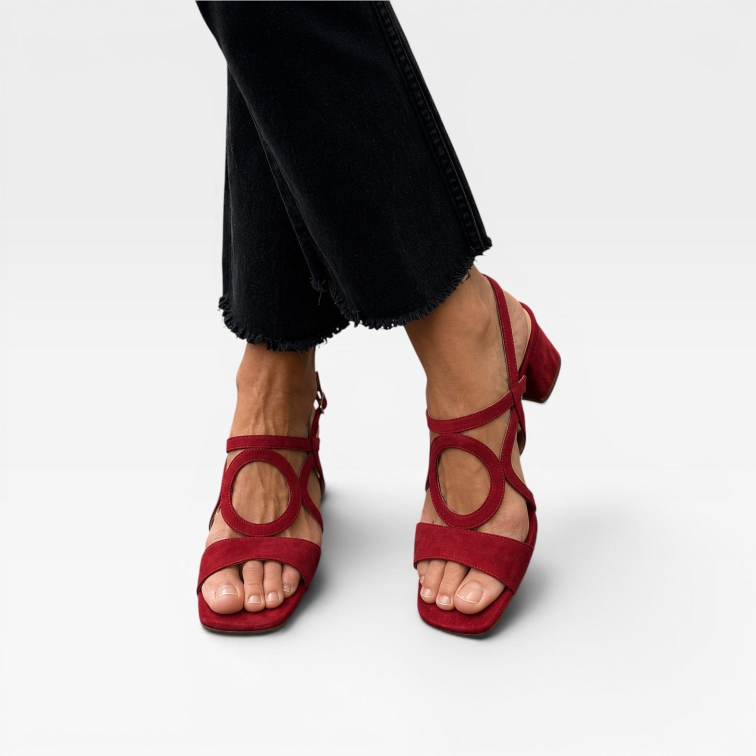 Suede Block Heel Sandals, Circle Cutout Ankle Strap