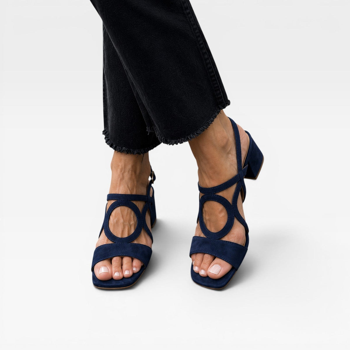 Suede Block Heel Sandals, Circle Cutout Ankle Strap