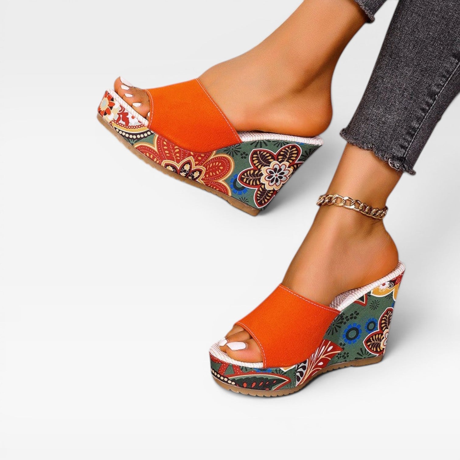 Wedge Platform Sandals, Handcrafted Print Slip On Mule