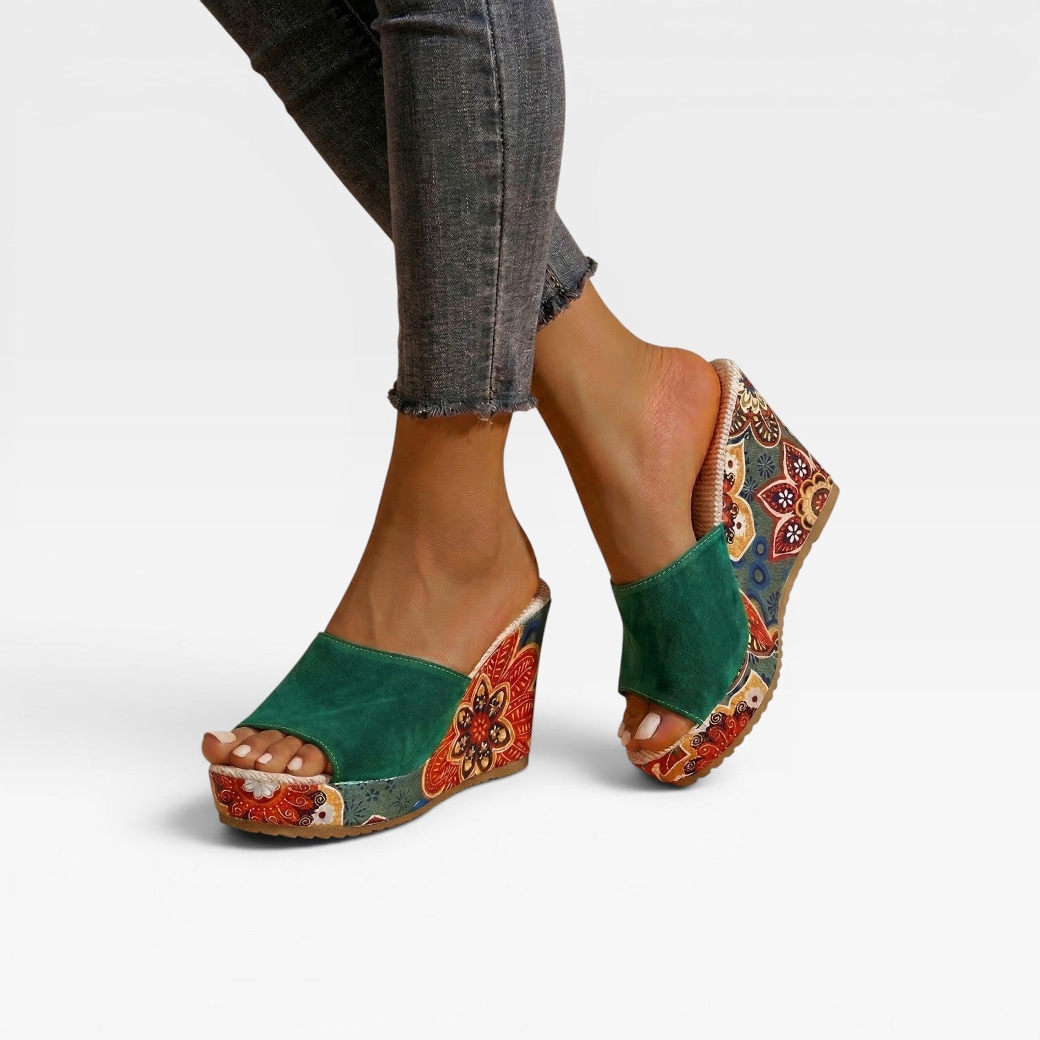 Wedge Platform Sandals, Handcrafted Print Slip On Mule