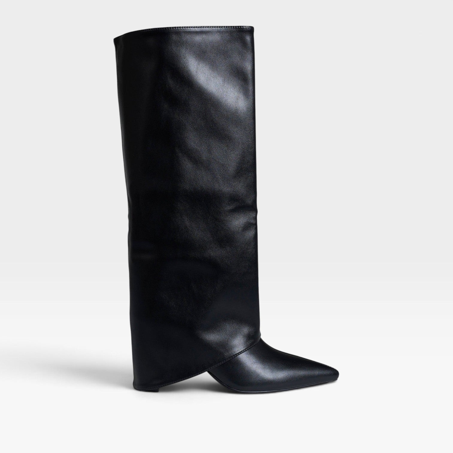 Fold Over Knee High Boots, Pointed Toe Block Heel Leather
