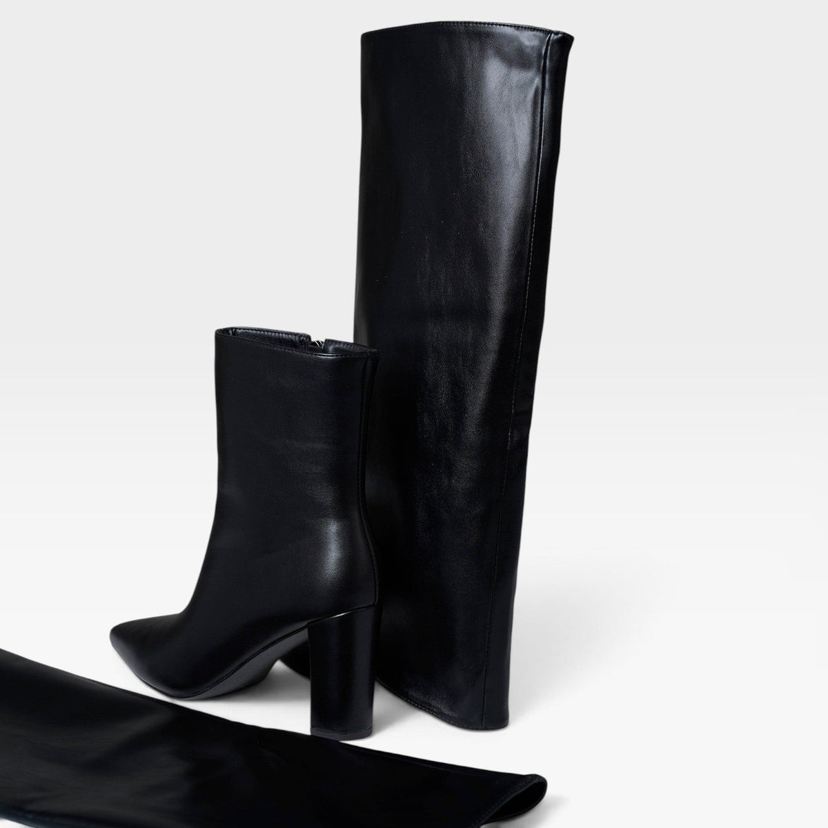 Fold Over Knee High Boots, Pointed Toe Block Heel Leather