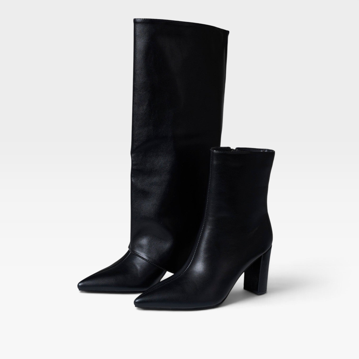 Fold Over Knee High Boots, Pointed Toe Block Heel Leather