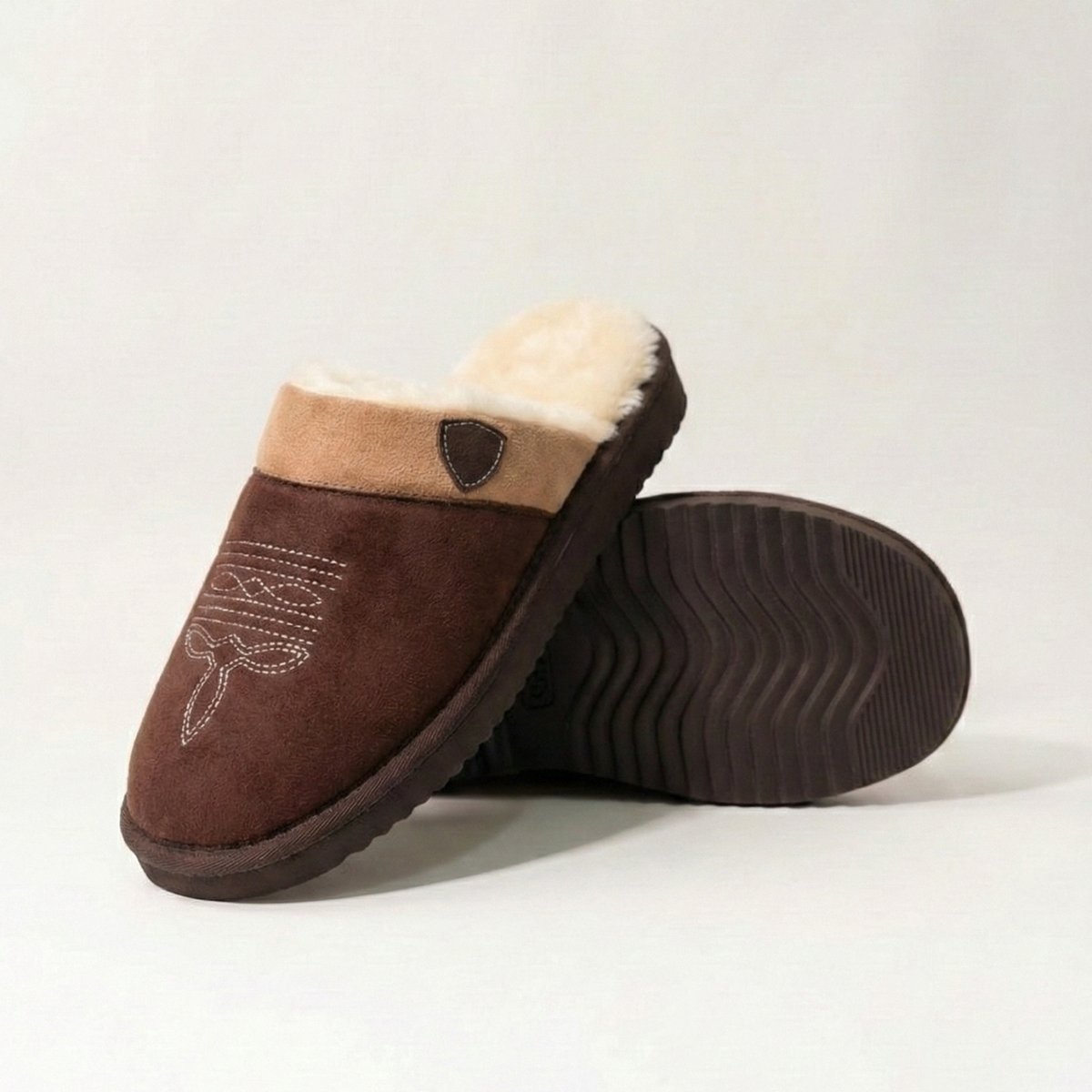 Suede Look Cowboy Slippers, Faux Fur Lined Slip On Mule