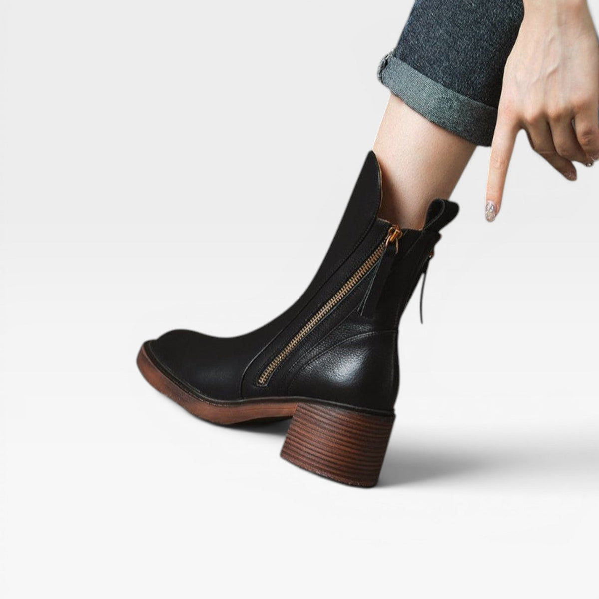 Leather Ankle Boots, Pointed Toe Stacked Heel Zip Up