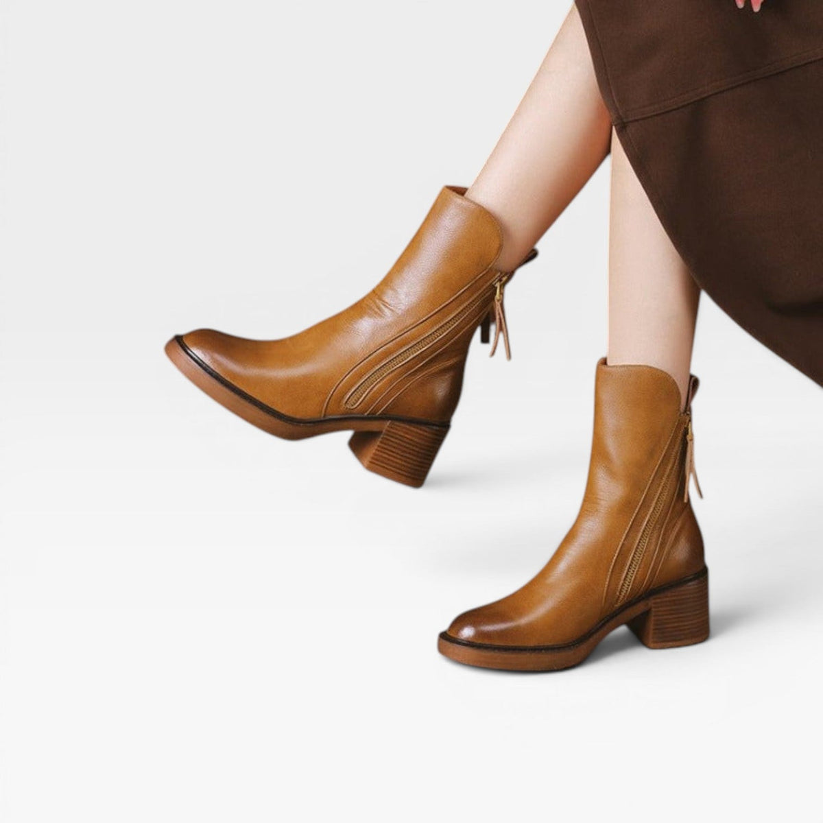 Leather Ankle Boots, Pointed Toe Stacked Heel Zip Up