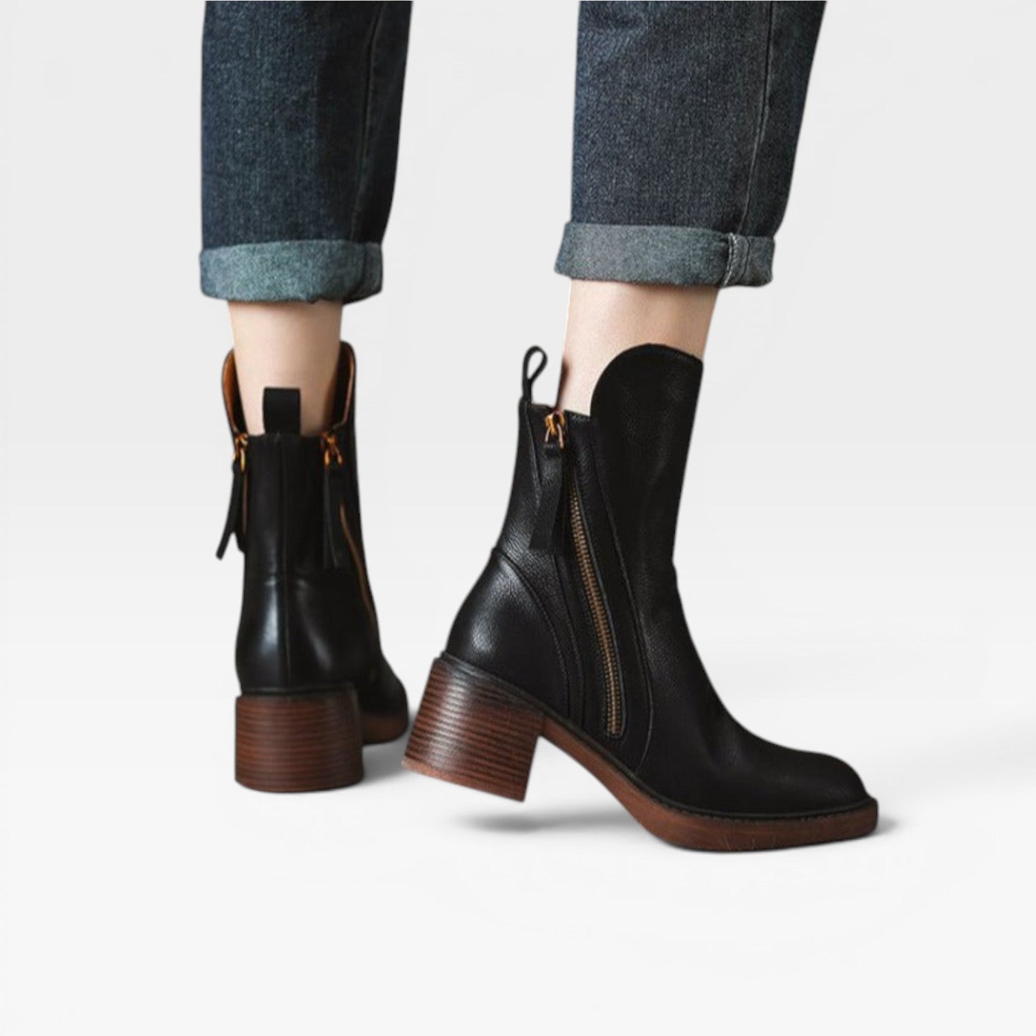 Leather Ankle Boots, Pointed Toe Stacked Heel Zip Up