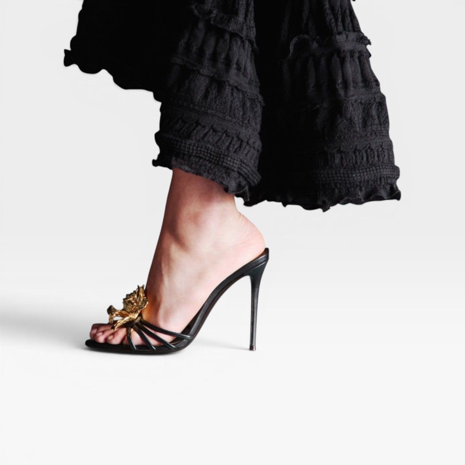 Sculpted Flower Mule Heels, Metallic Pointed Toe Shoes