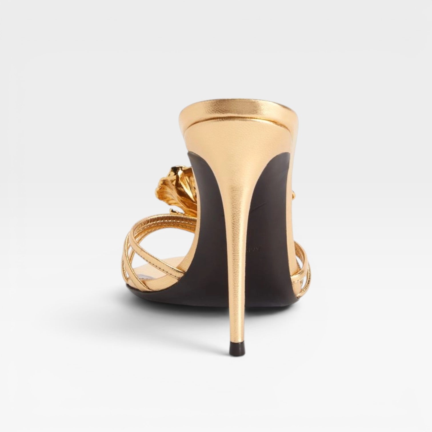 Sculpted Flower Mule Heels, Metallic Pointed Toe Shoes