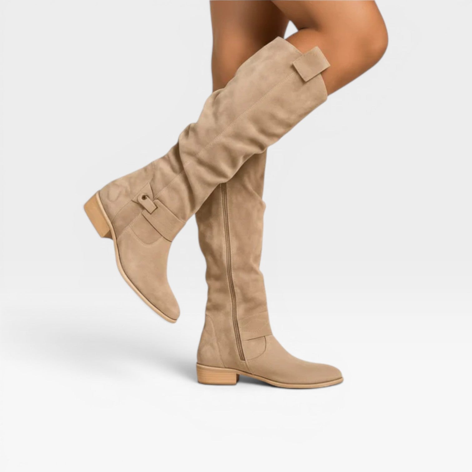 Slouchy Suede Knee High Boots, Buckle Low Block Heel