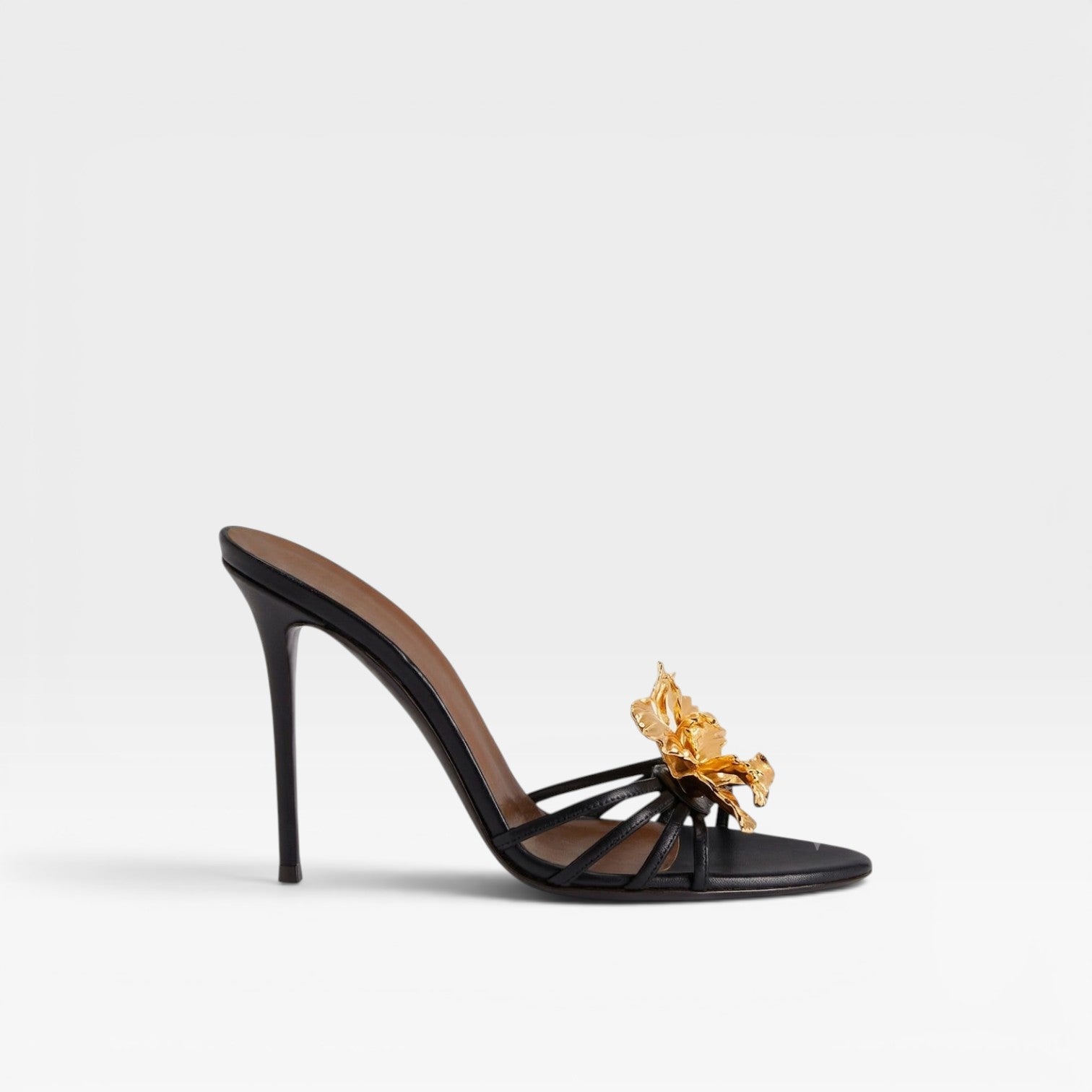 Sculpted Flower Mule Heels, Metallic Pointed Toe Shoes