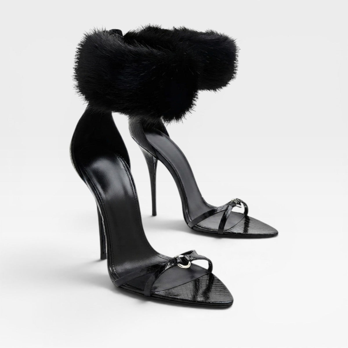 Ring Detail Stiletto Sandals, Croc Embossed Leather Heel