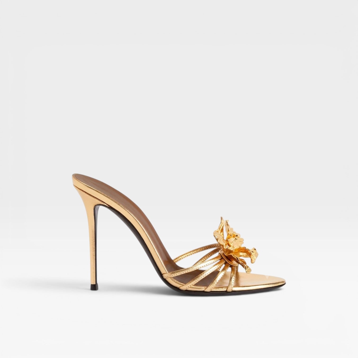 Sculpted Flower Mule Heels, Metallic Pointed Toe Shoes