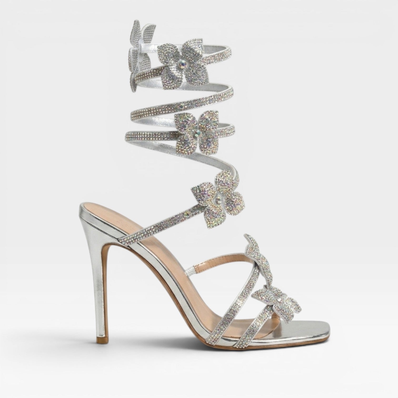 Crystal Flower Strappy Sandals, Square Toe Stilettos