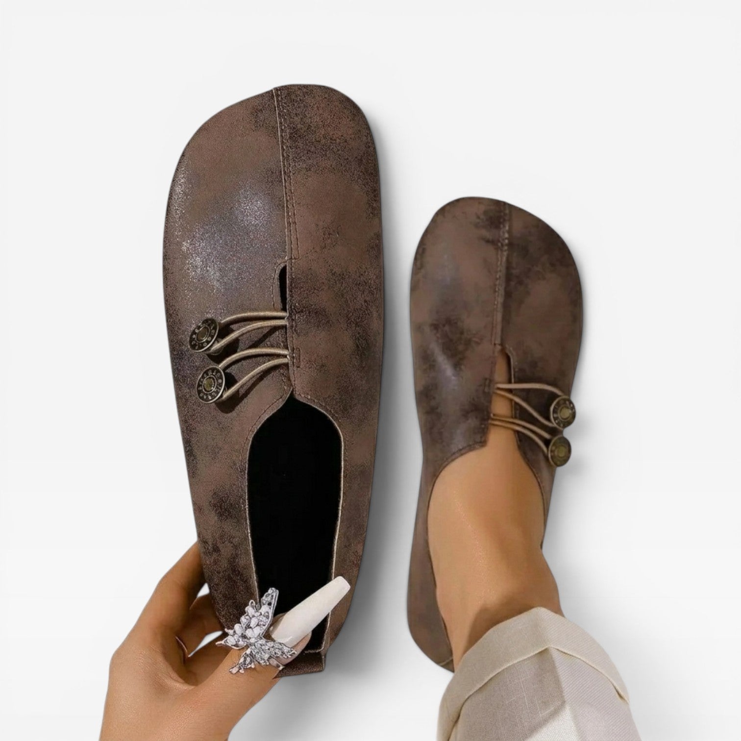 Vintage Button Loafers, Soft Round Toe Slip On Flats