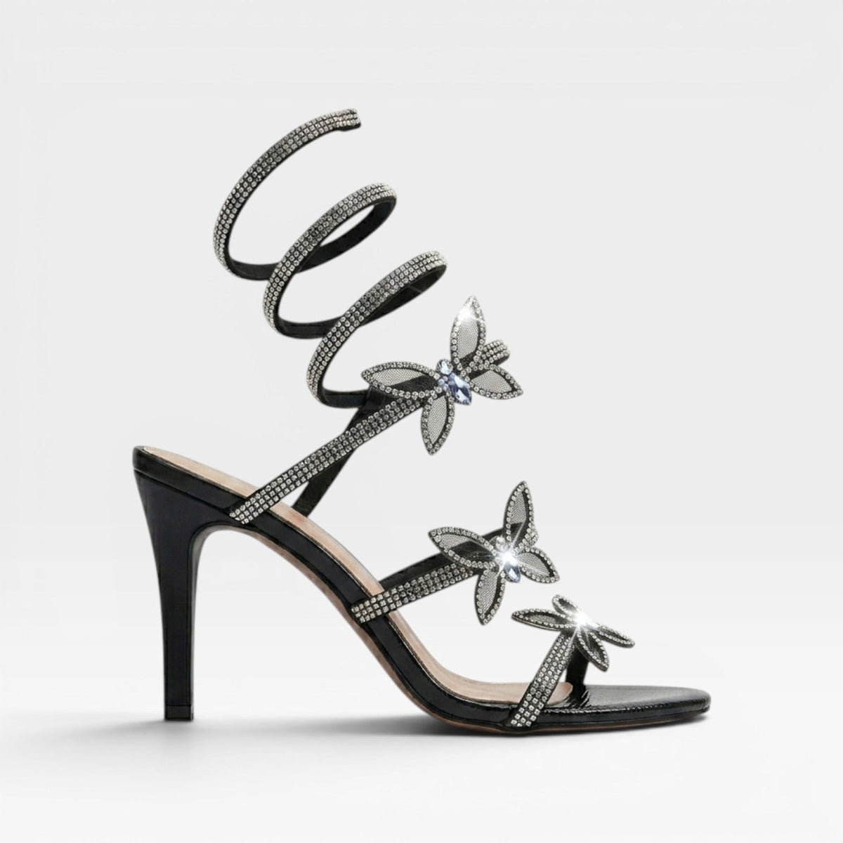 Crystal Butterfly Spiral Sandals, Open Toe Stilettos