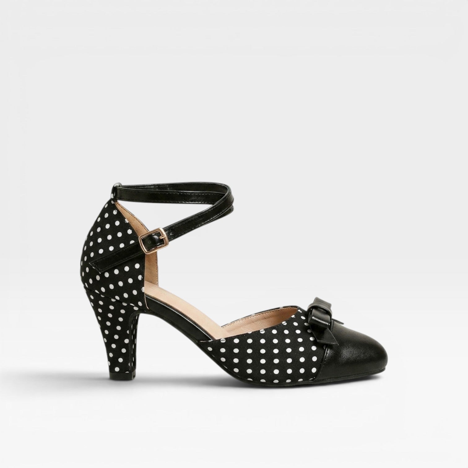 Polka Dot Pumps, Bow Cap Toe Chunky Curved Heel Shoes