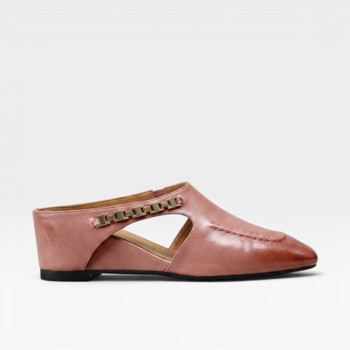 Square Toe Leather Mules, Gold Chain Low Heel Slip On