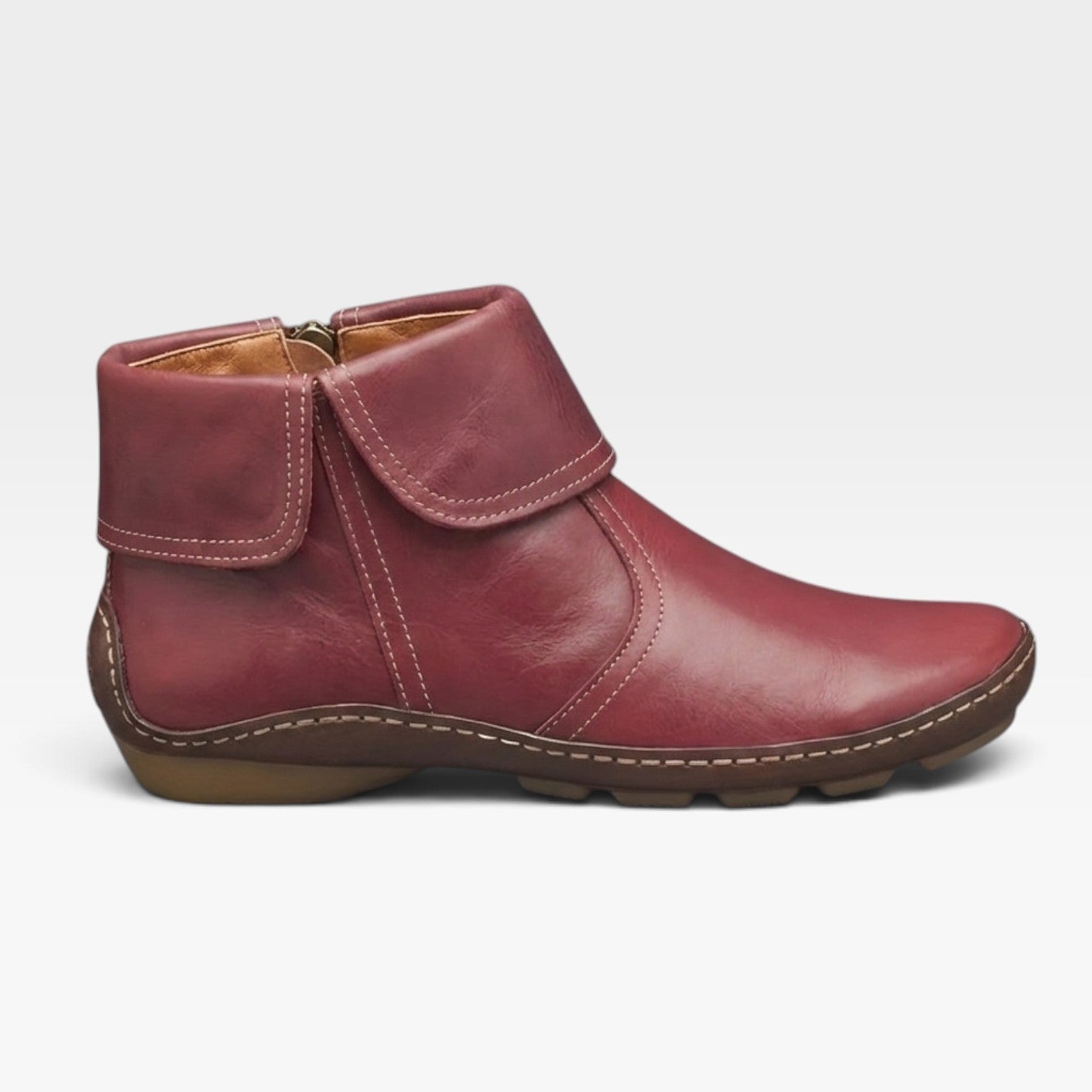 Fold Over Cuff Ankle Boots, Leather Moc Toe Low Wedge