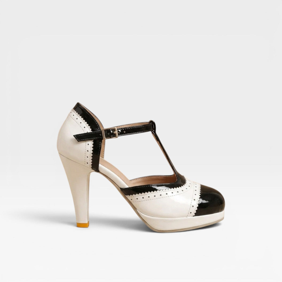 Two Tone Brogue Mary Jane Pumps, T Strap Block Heel