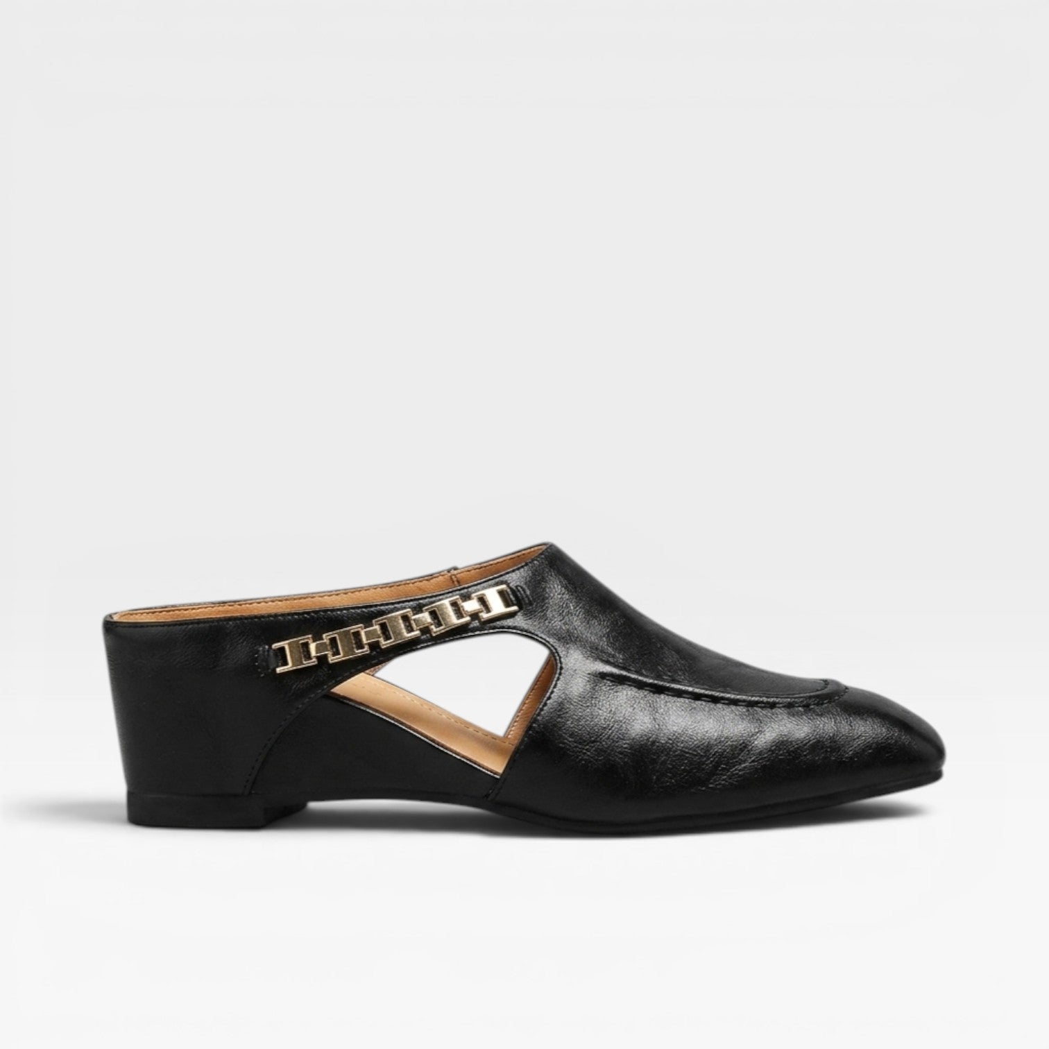 Square Toe Leather Mules, Gold Chain Low Heel Slip On