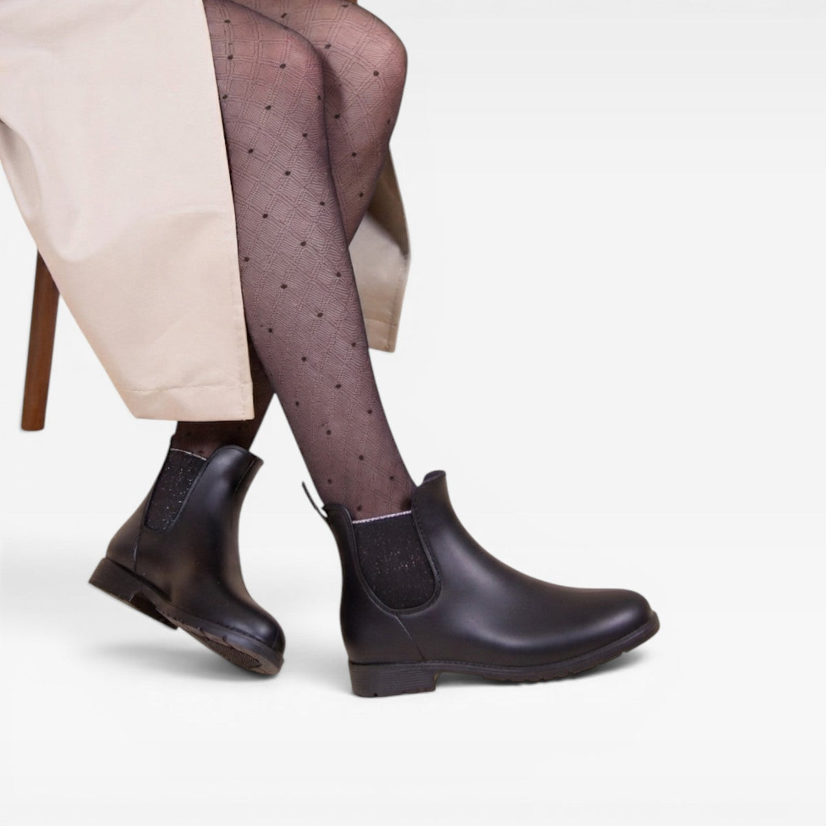 Waterproof Chelsea Rain Boots, Glossy Block Heel Style