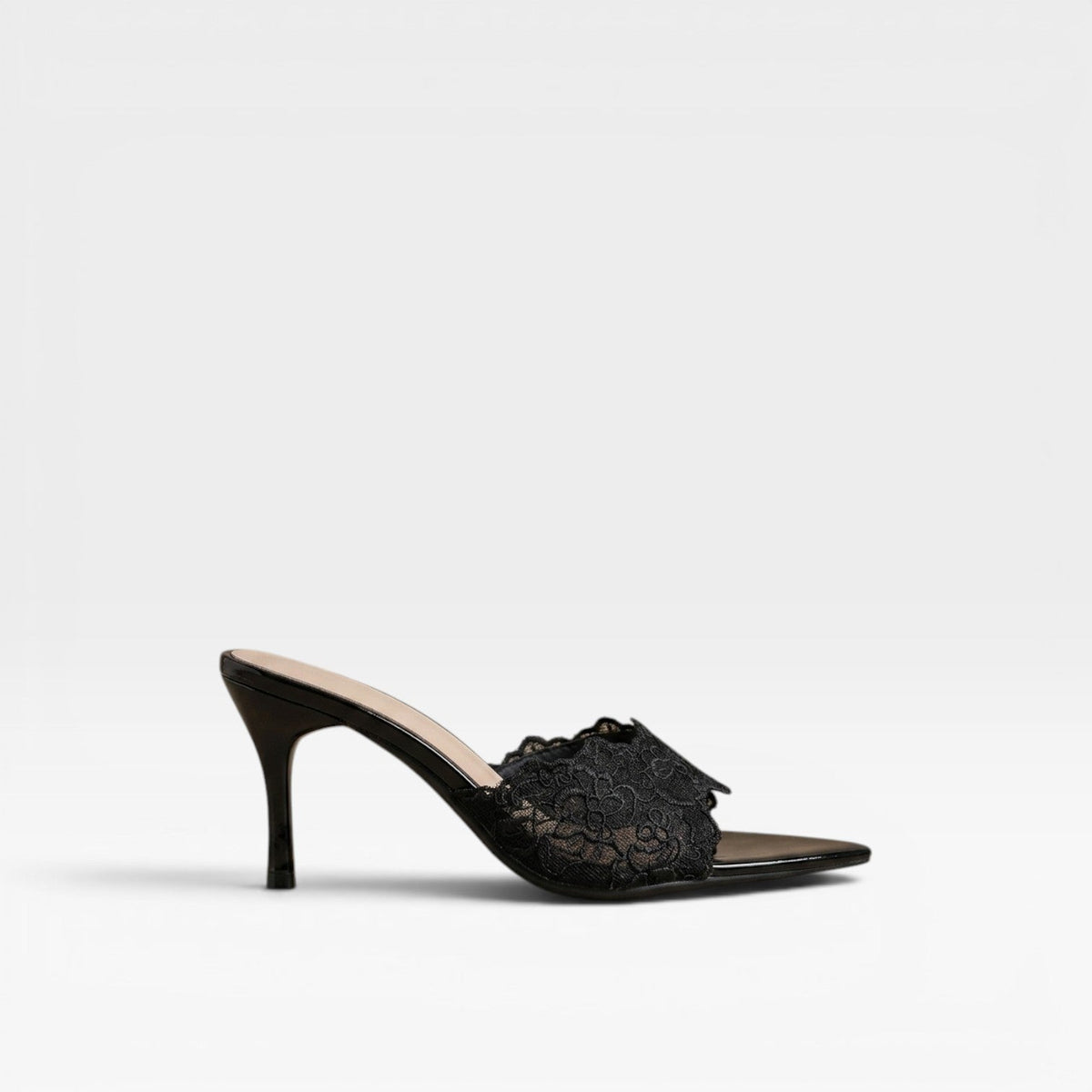 Lace Mule Heels, Scalloped Pointed Toe Mid Stiletto