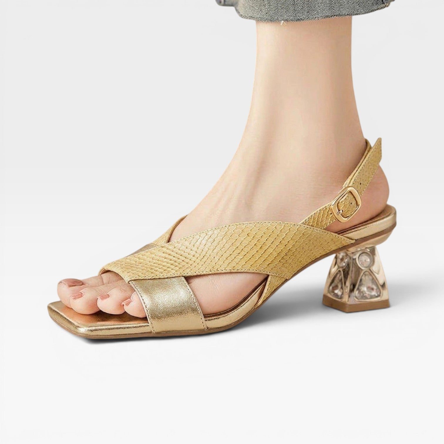 Sculpted Crystal Heel Leather Sandals, Slingback Pumps