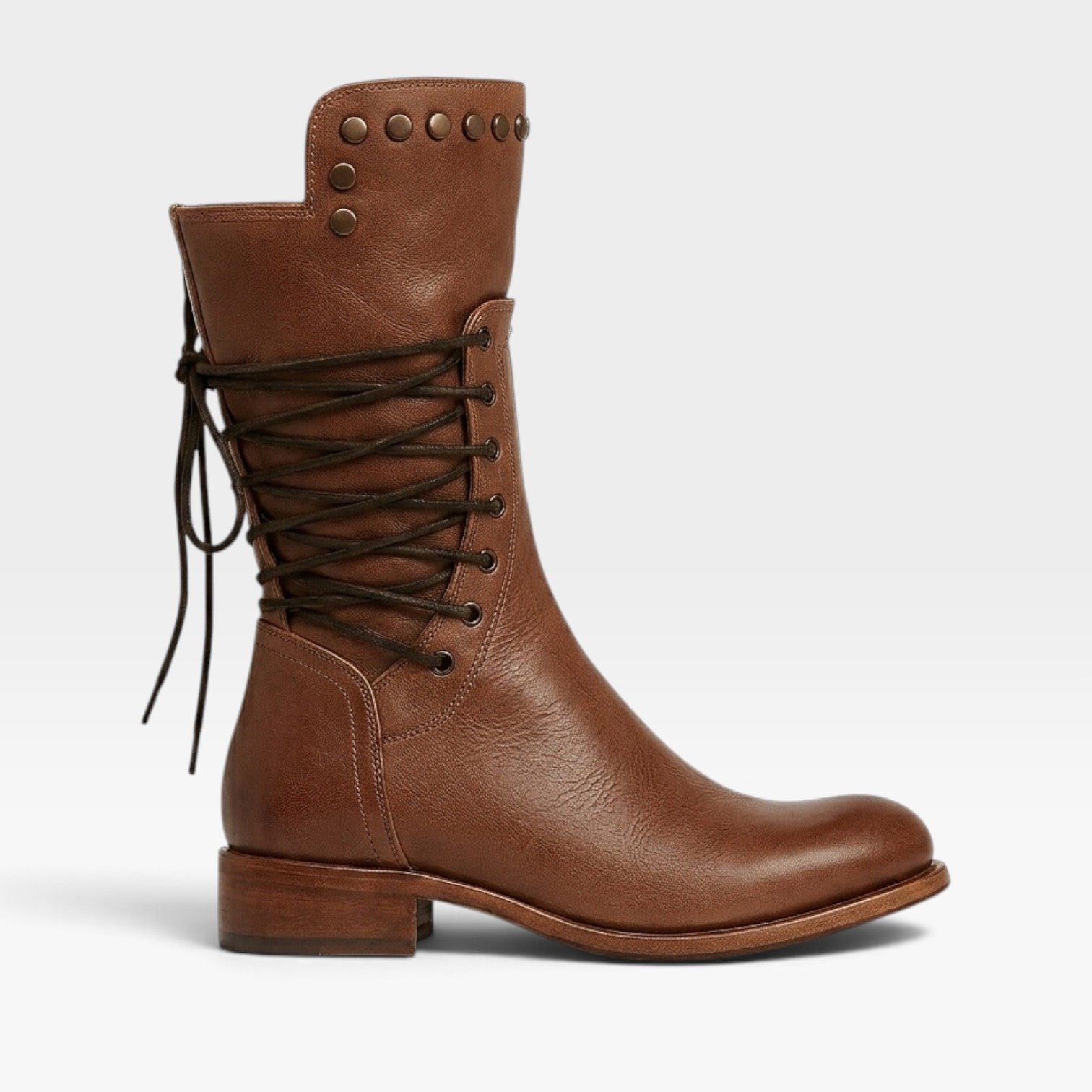 Studded Lace-Up Mid Calf Boots, Low Block Heel Leather