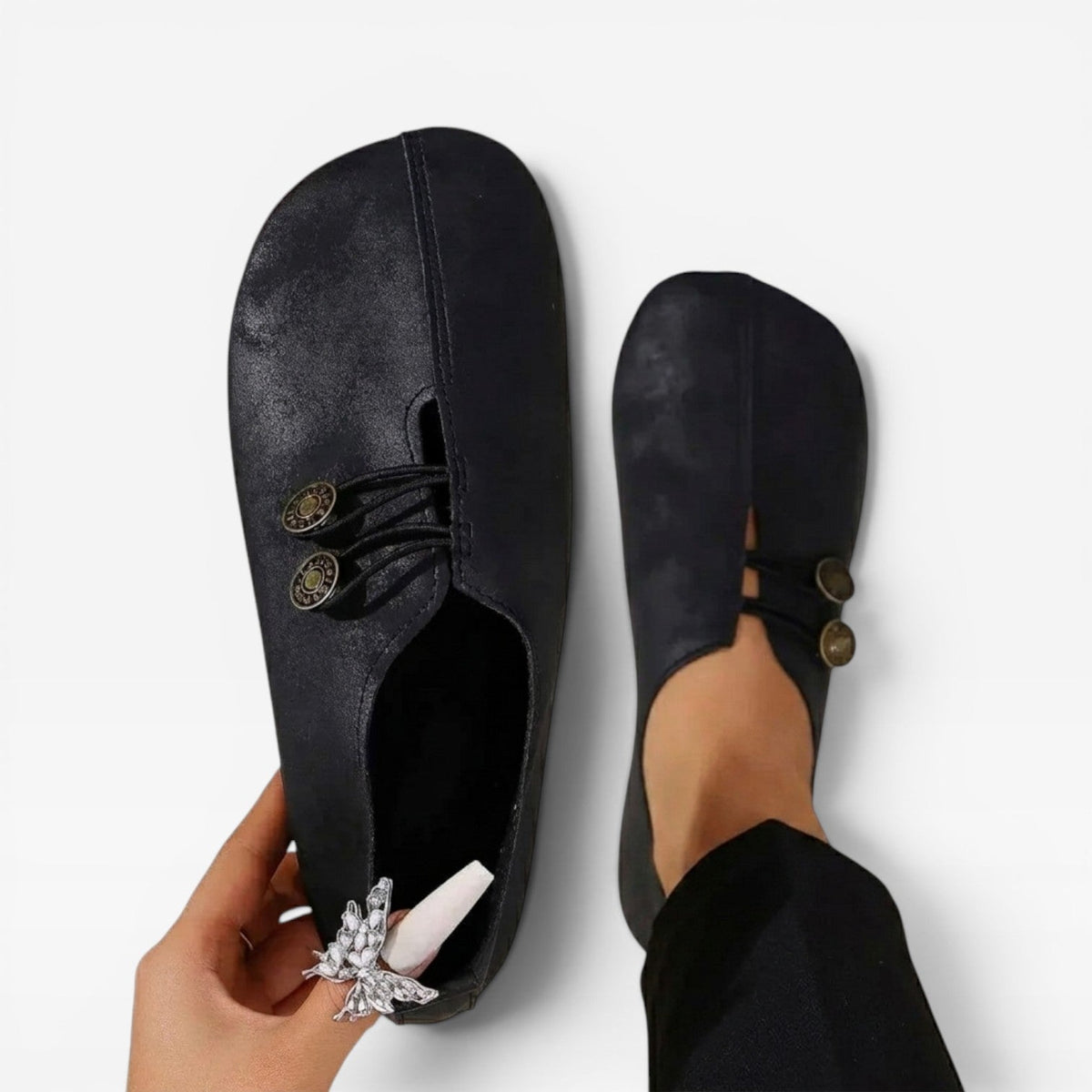 Vintage Button Loafers, Soft Round Toe Slip On Flats