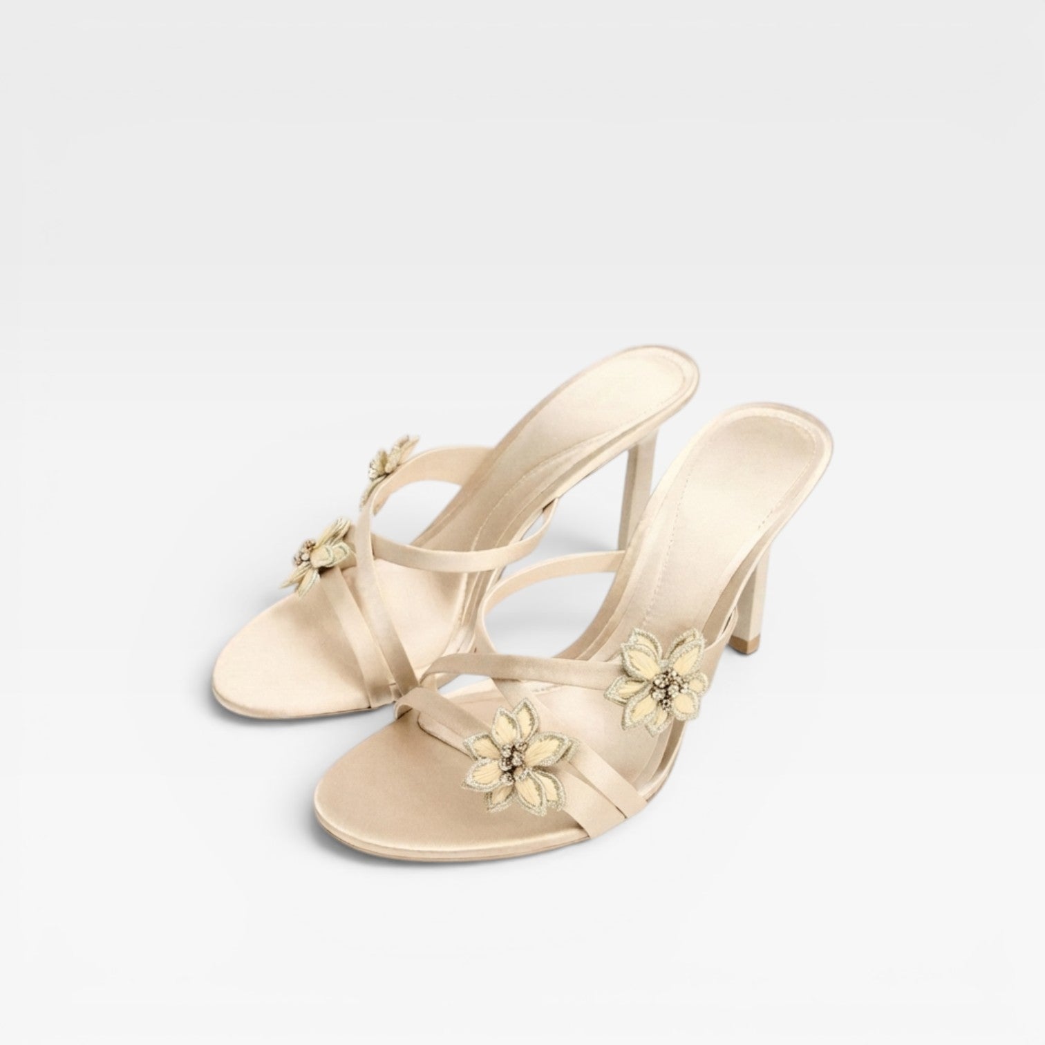 Crystal Flower Mule Sandals, Strappy Satin Stiletto