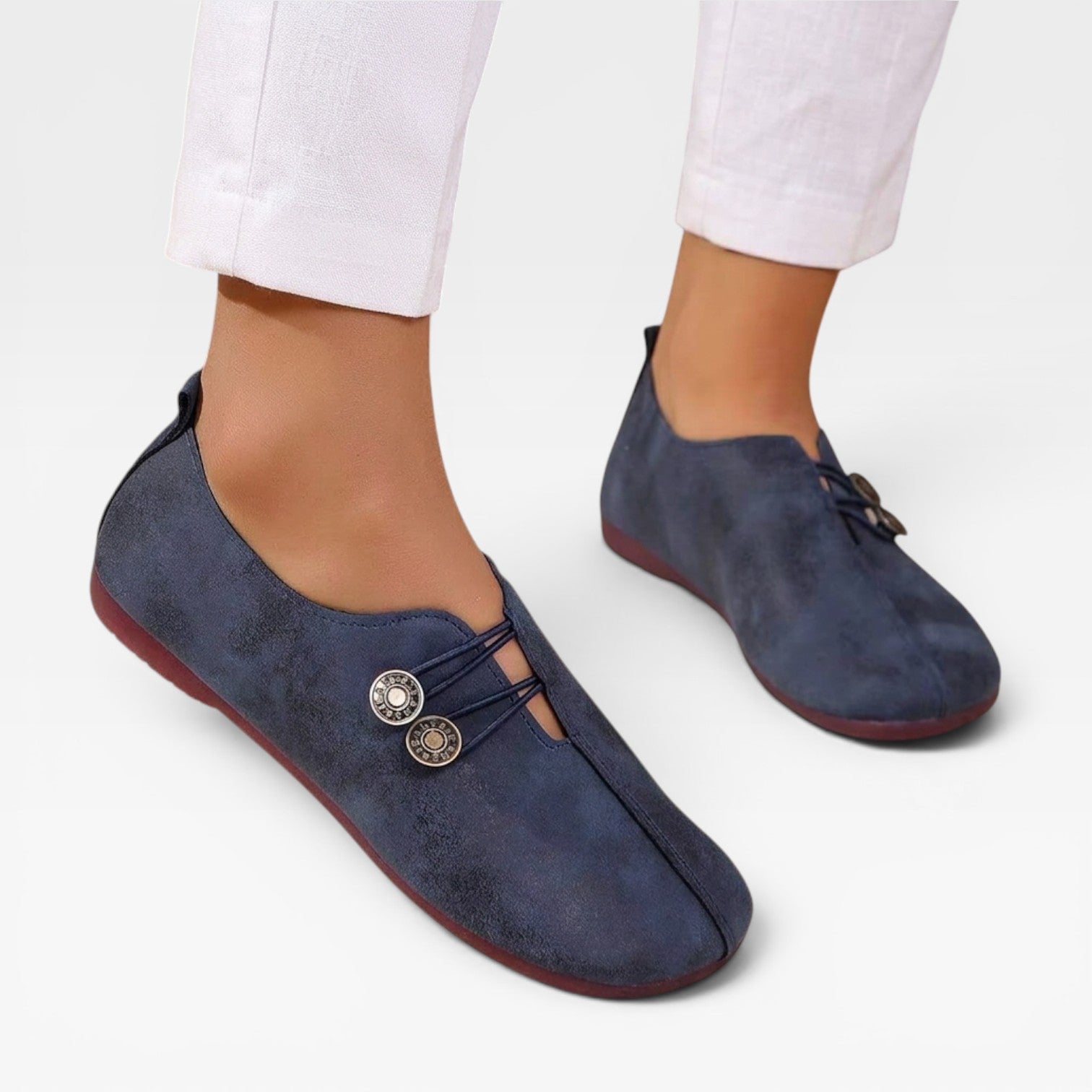 Vintage Button Loafers, Soft Round Toe Slip On Flats