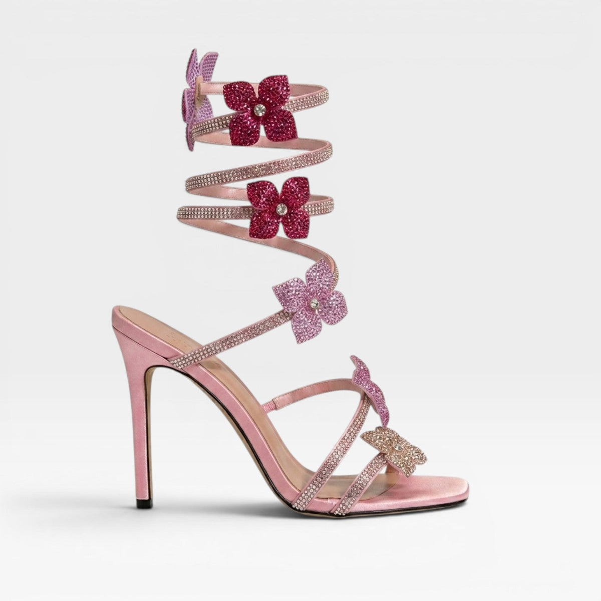 Crystal Flower Strappy Sandals, Square Toe Stilettos