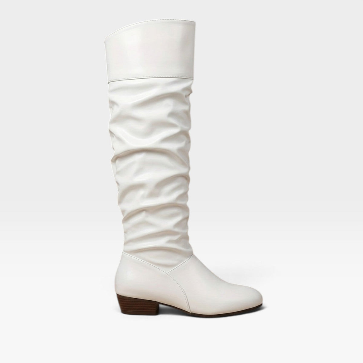 Knee High Slouch Boots, Ruched Calf and Low Block Heel