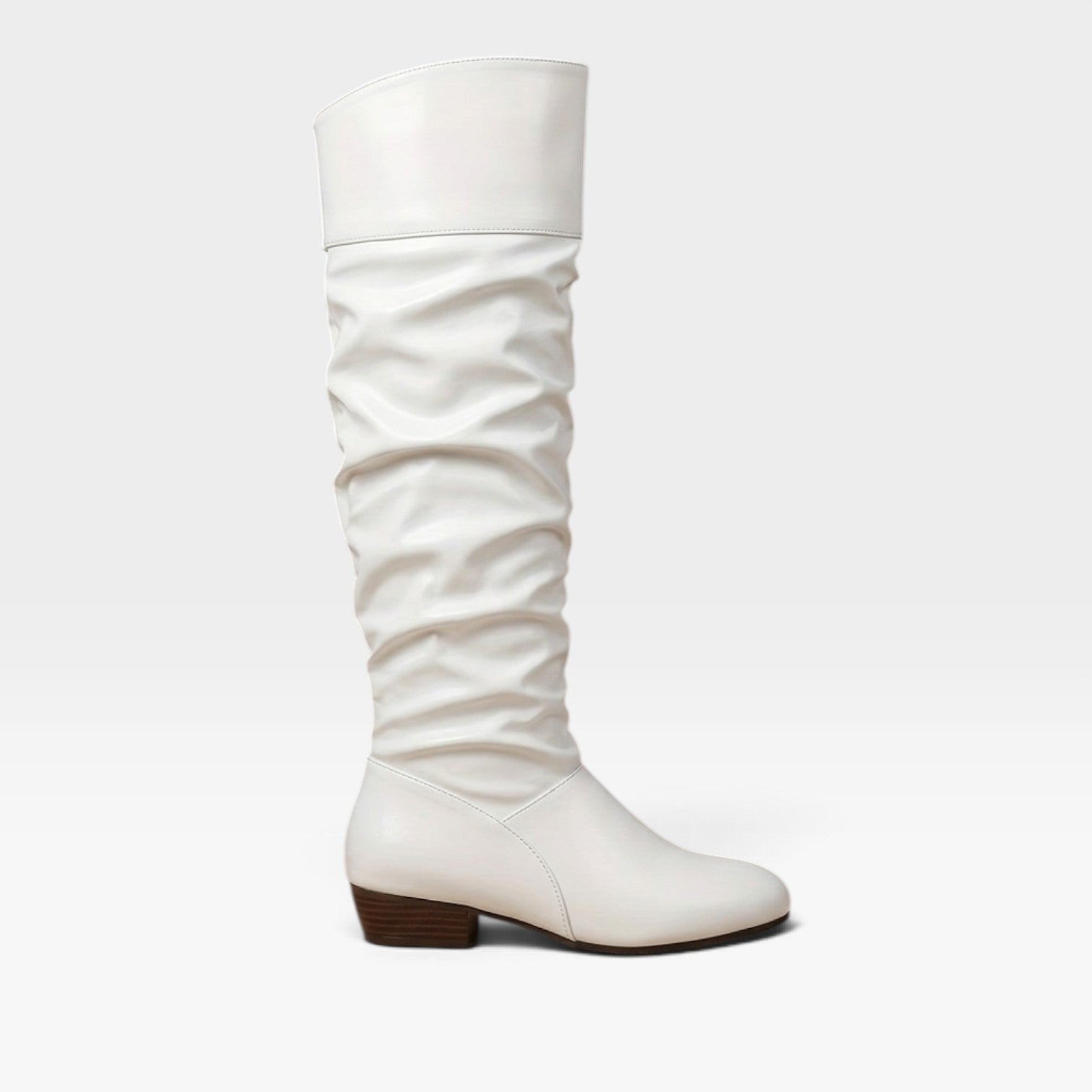 Knee High Slouch Boots, Ruched Calf and Low Block Heel