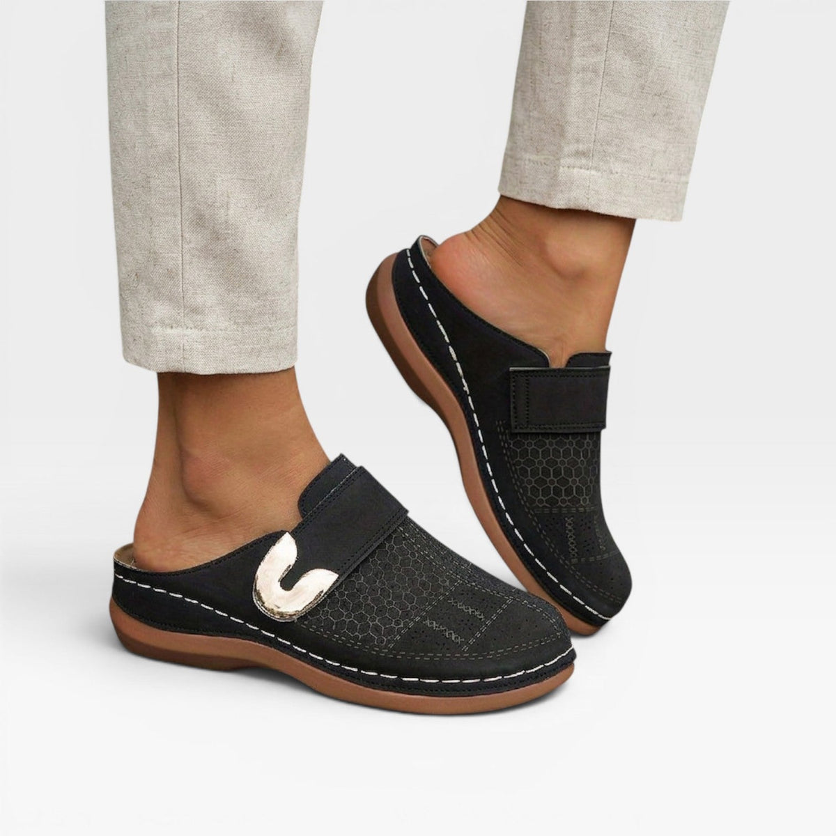 Leather Look Mules, Closed Toe Open Back Flat Shoes