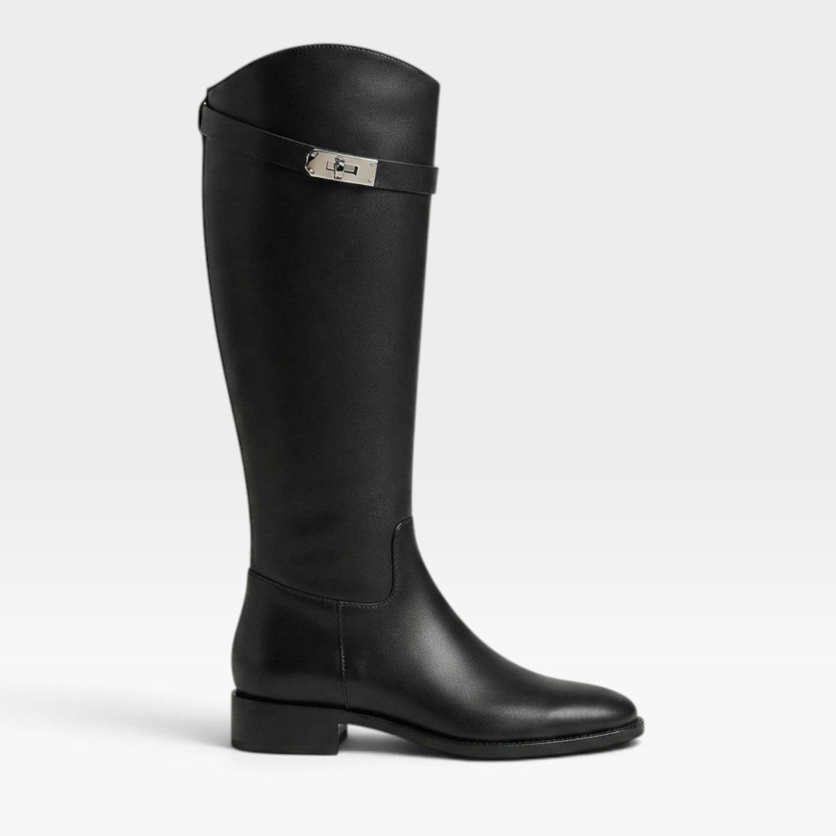 Leather Knee High Boots, Sculptural Buckle Block Heel
