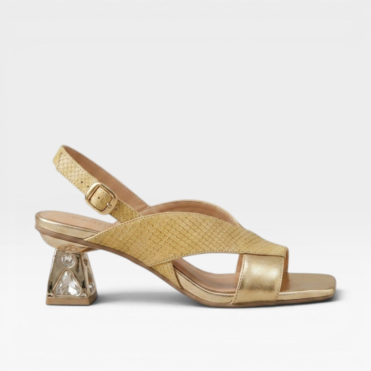Sculpted Crystal Heel Leather Sandals, Slingback Pumps