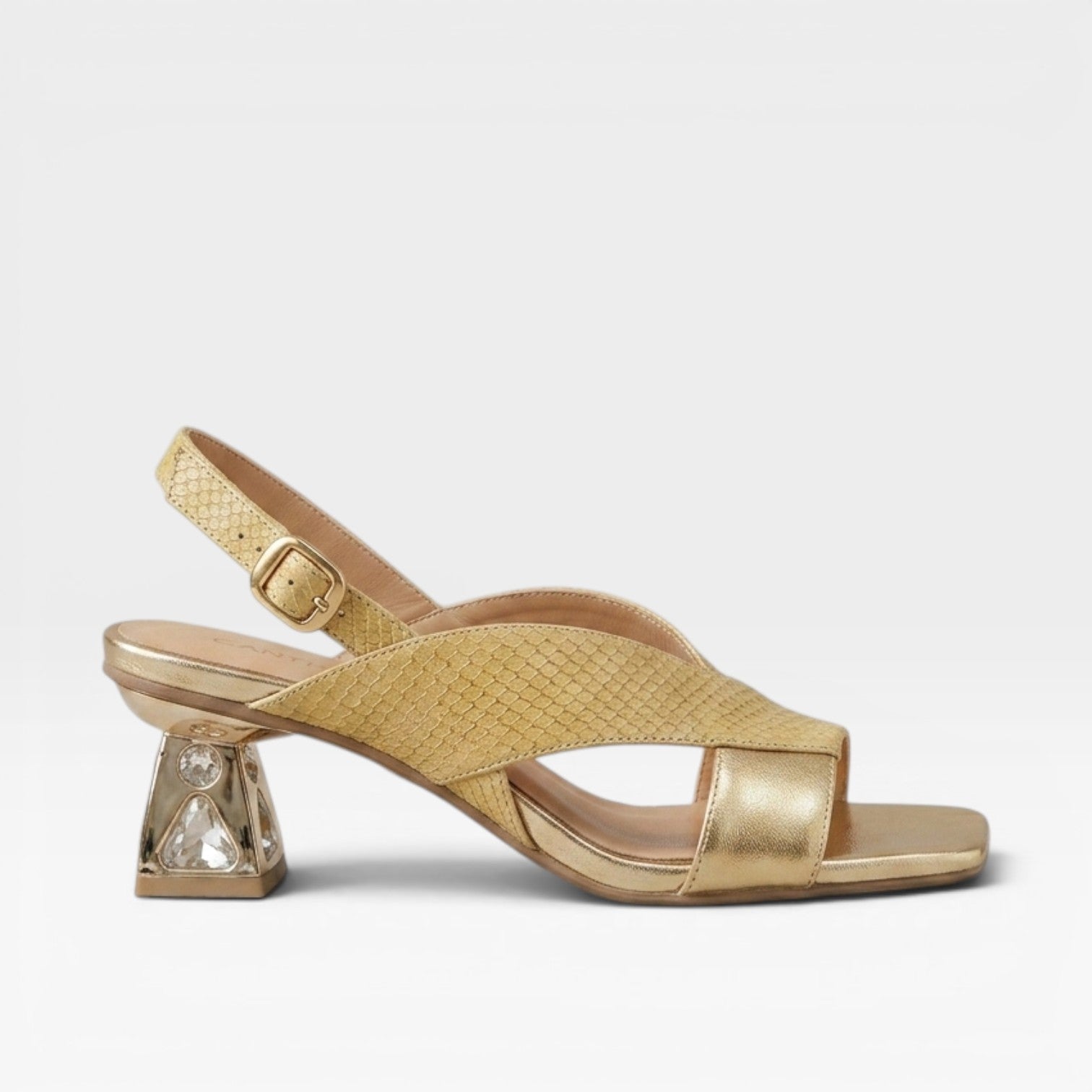 Sculpted Crystal Heel Leather Sandals, Slingback Pumps
