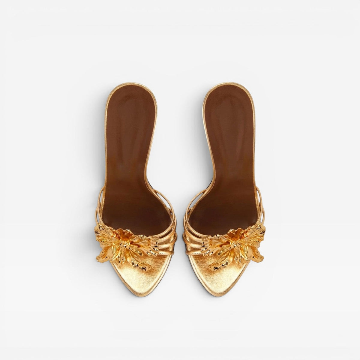 Sculpted Flower Mule Heels, Metallic Pointed Toe Shoes