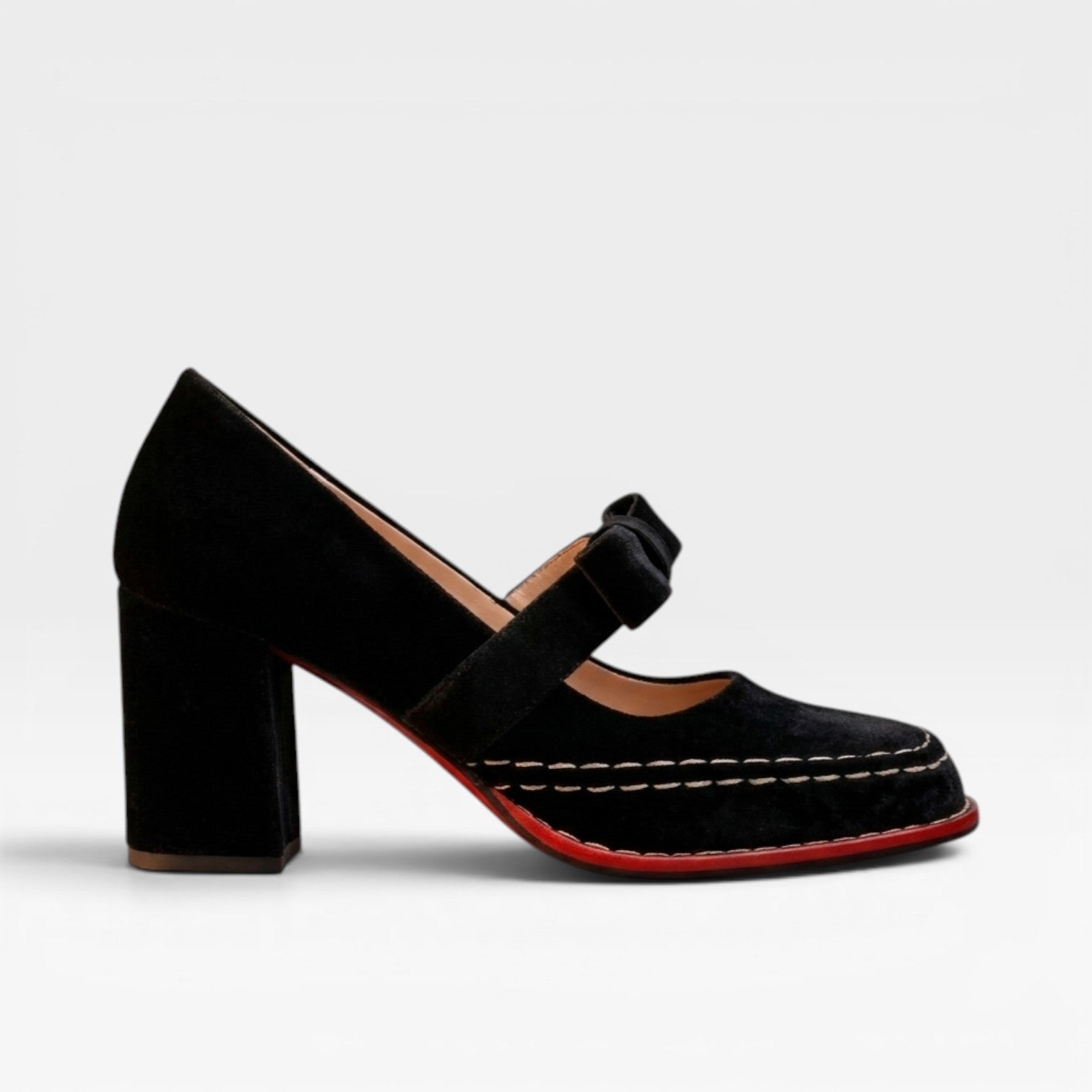 Velvet Mary Jane Pumps, Bow Block Heel Vintage Shoes