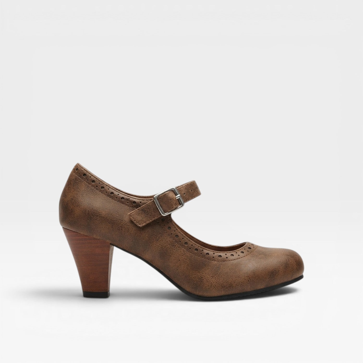 Brogue Mary Jane Pumps, Wooden Block Heel Buckle Strap