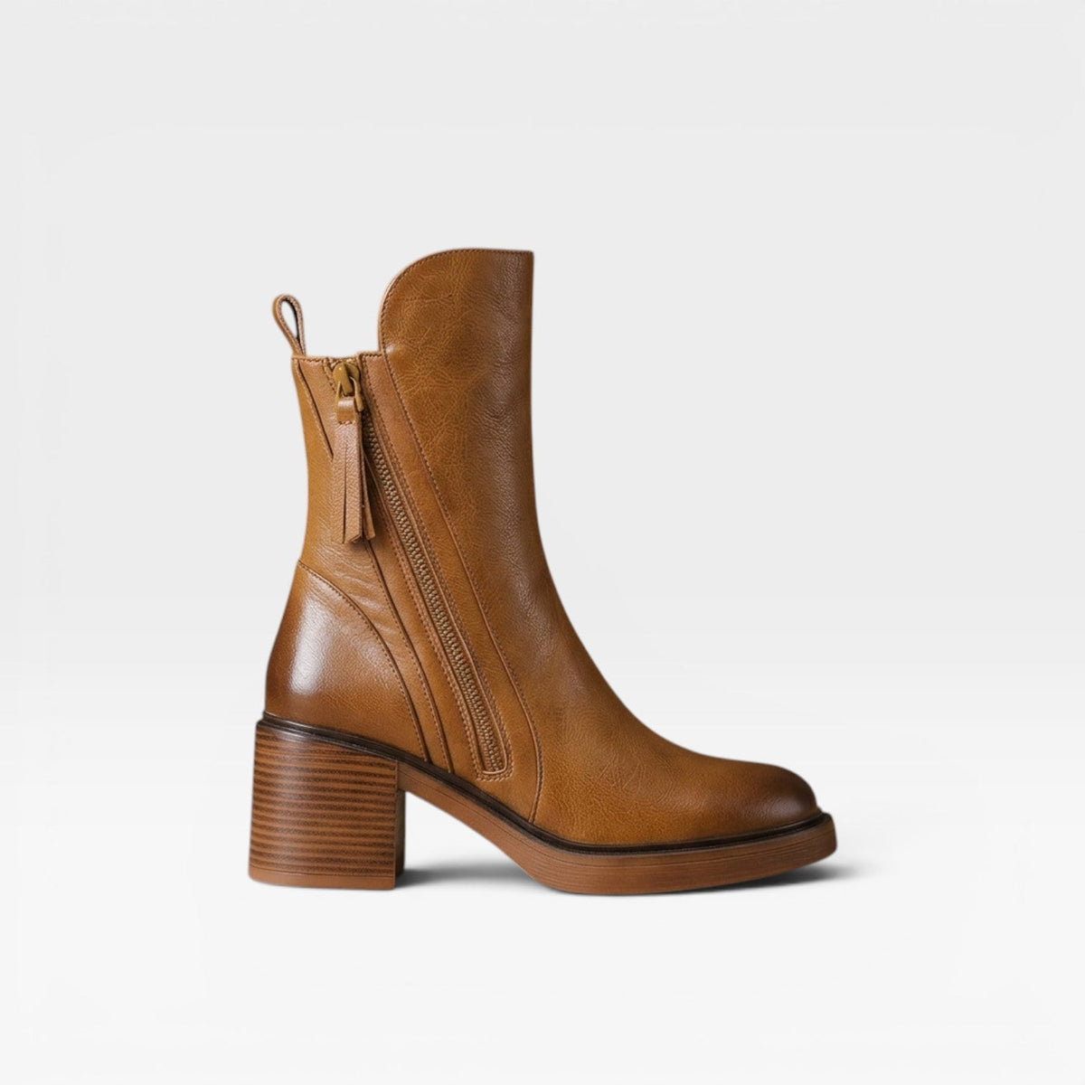 Leather Ankle Boots, Pointed Toe Stacked Heel Zip Up