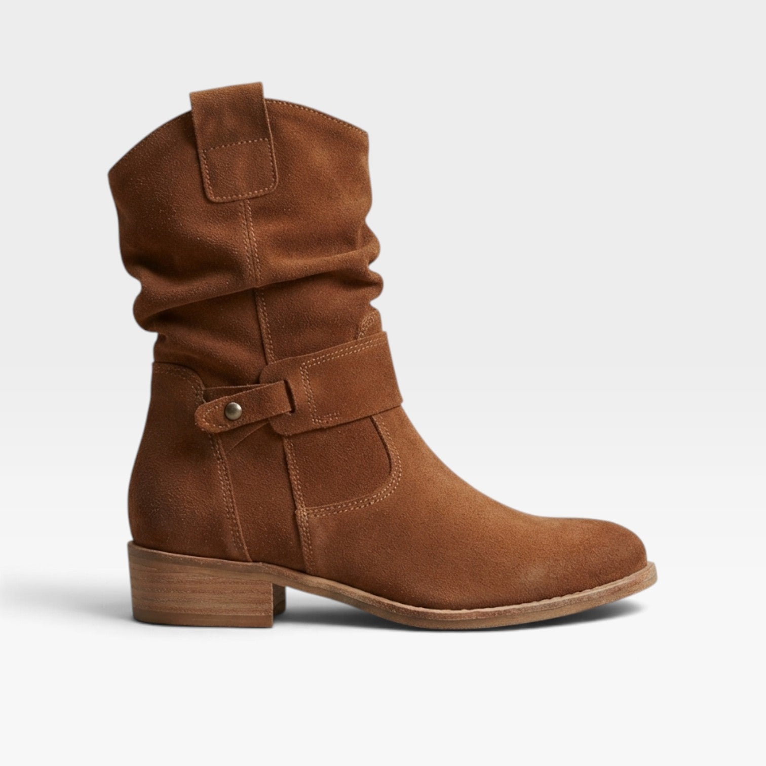 Boho Suede Ankle Boots, Tab Strap and Low Block Heel