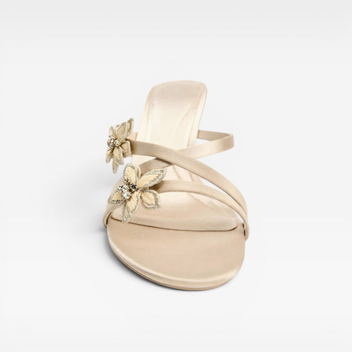 Crystal Flower Mule Sandals, Strappy Satin Stiletto