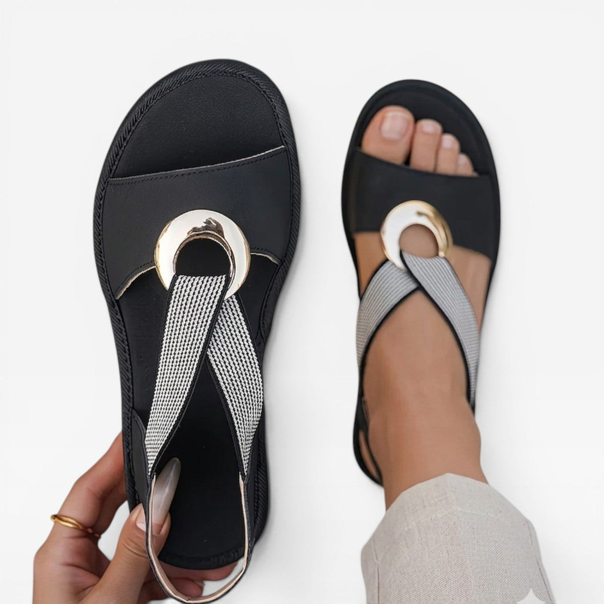 Toe Loop Flat Sandals, Gold Ring Slingback Comfort Sole