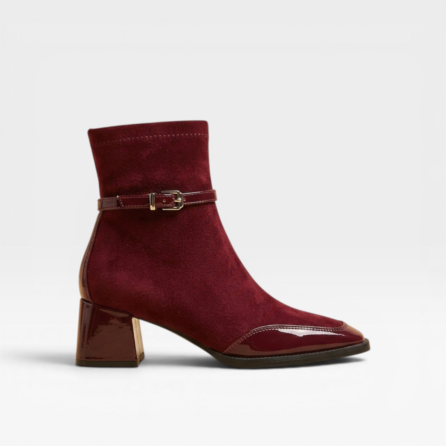 Suede Ankle Boots, Square Toe Patent Trim Block Heel