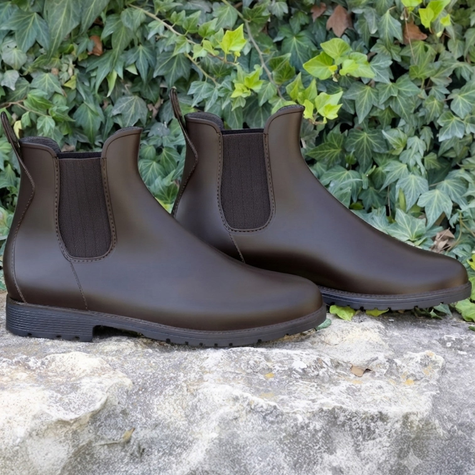 Waterproof Chelsea Rain Boots, Glossy Block Heel Style