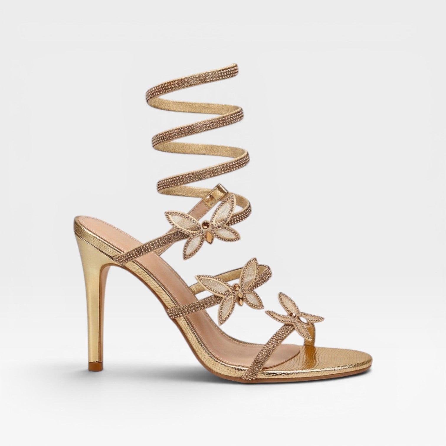 Crystal Butterfly Spiral Sandals, Open Toe Stilettos